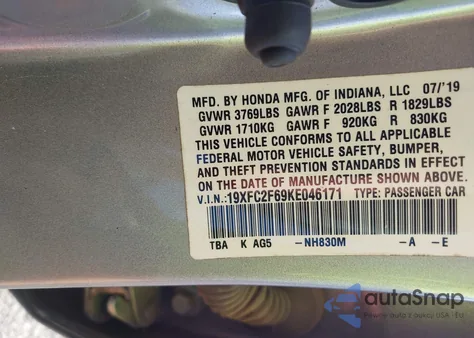 2019 Honda Civic Lx из США, поврежденный, VIN 19XFC2F69KE046171